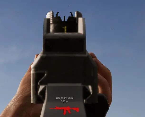 Aiming down the M416's iron sights in PUBG — even with no optic, the sight line should rest at head height on the nearest angle, not on the dirt.