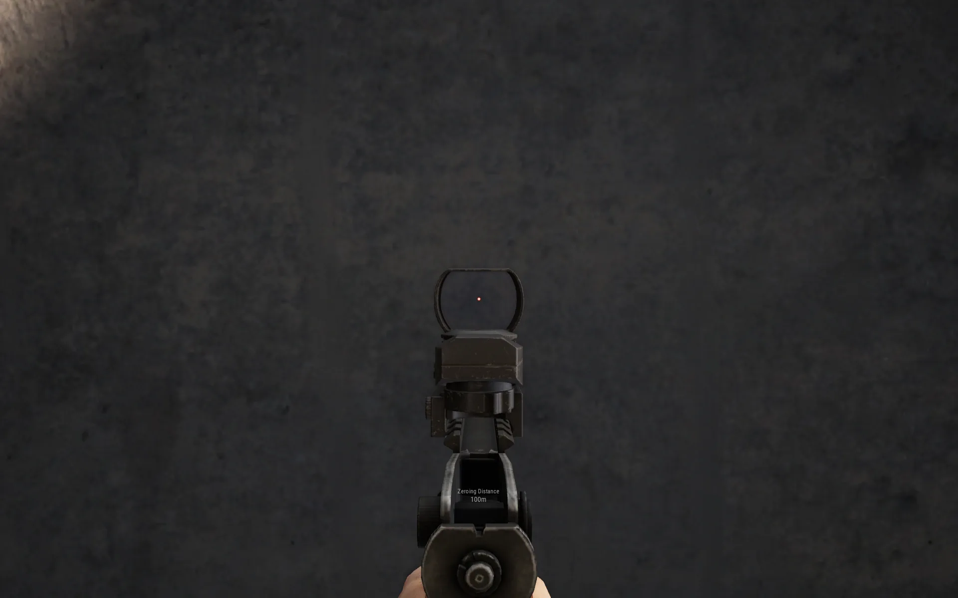 The view through a PUBG red dot sight with the dot reticle centered — where that dot sits before a fight starts decides who shoots first.