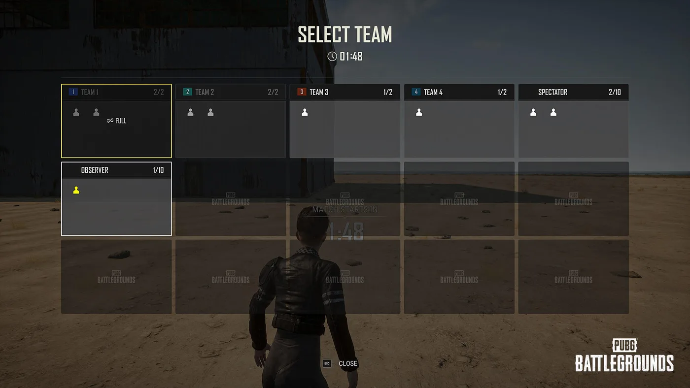 KRAFTON's Update 43.2 screenshot of PUBG's Select Team screen over a desert backdrop with a hangar, under a 01:48 countdown: Team 1 at 2/2 marked FULL with a yellow border, Team 2 at 2/2, Teams 3 and 4 at 1/2, a Spectator card at 2/10, and a new Observer card at 1/10 outlined in white with one yellow player icon.
