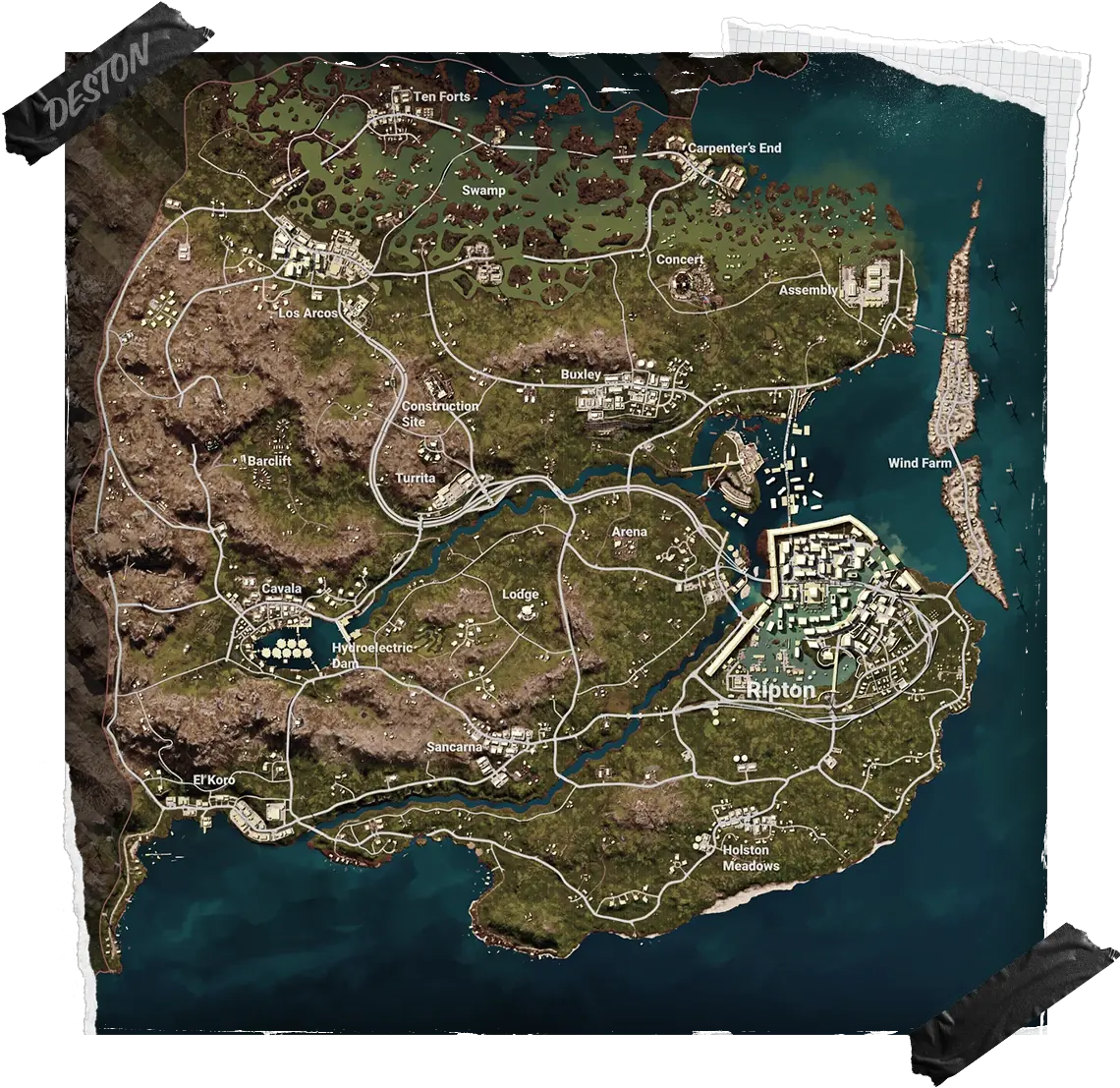 The full Deston overview map — PUBG’s 8x8 post-hurricane North American city, with flooded urban sprawl, swamplands, and grassland regions across the island.