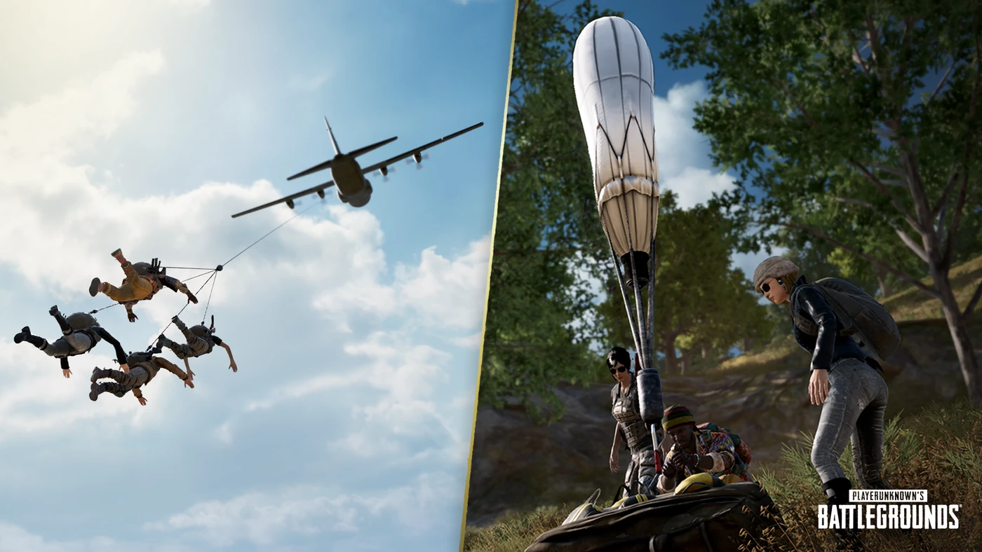 A PUBG Emergency Pickup in action — a Fulton balloon lifting players toward an incoming plane to carry them to the safe zone.
