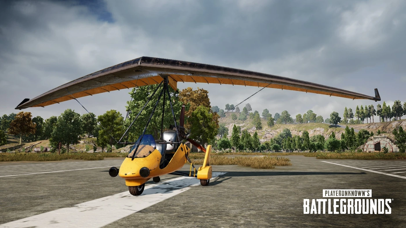 A PUBG Motor Glider in flight — the flying vehicle that turns a squad hanging under an Emergency Pickup balloon into easy mid-air targets.