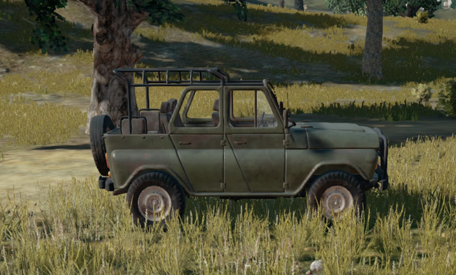 An open-top UAZ in PUBG — the kind of vehicle you ride wide and dismount early to set up a flank on an enemy that never sees the angle coming.