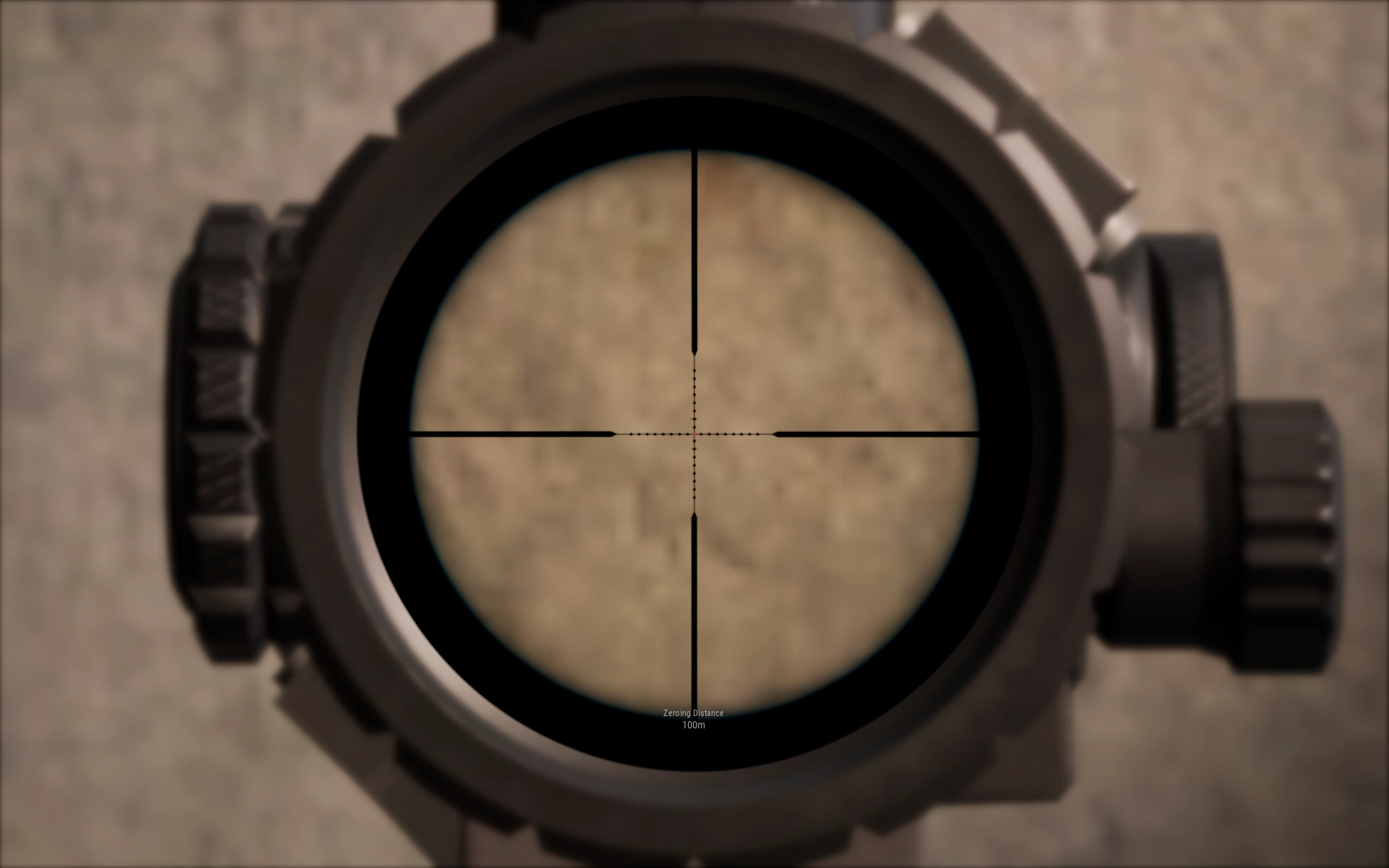 An 8x scope view — the long-range shot that high view distance and clean anti-aliasing let you actually take.