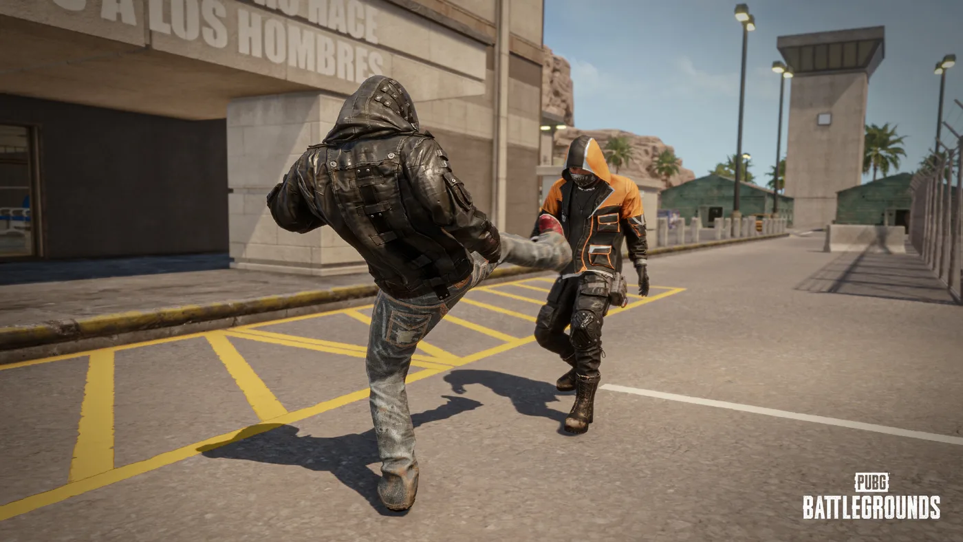 KRAFTON's official Update 43.1 patch-note screenshot of the new Kick action: a PUBG character in a black leather jacket lands a front kick on a second player in an orange hoodie in the middle of a sunlit street.