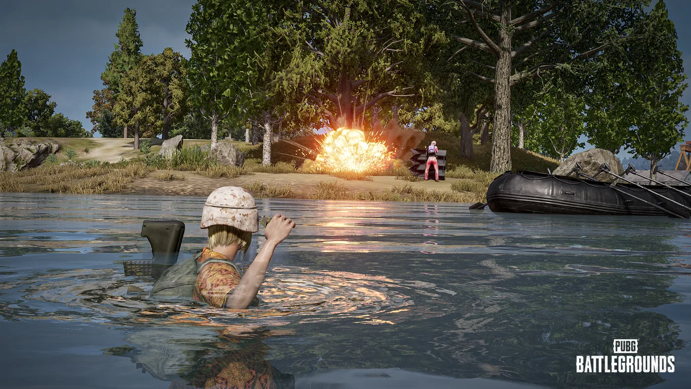 KRAFTON's official Update 43.1 patch-note screenshot of the new water surface actions: a PUBG player floats in a river throwing a grenade at an enemy on the bank, with an inflatable boat beached nearby.