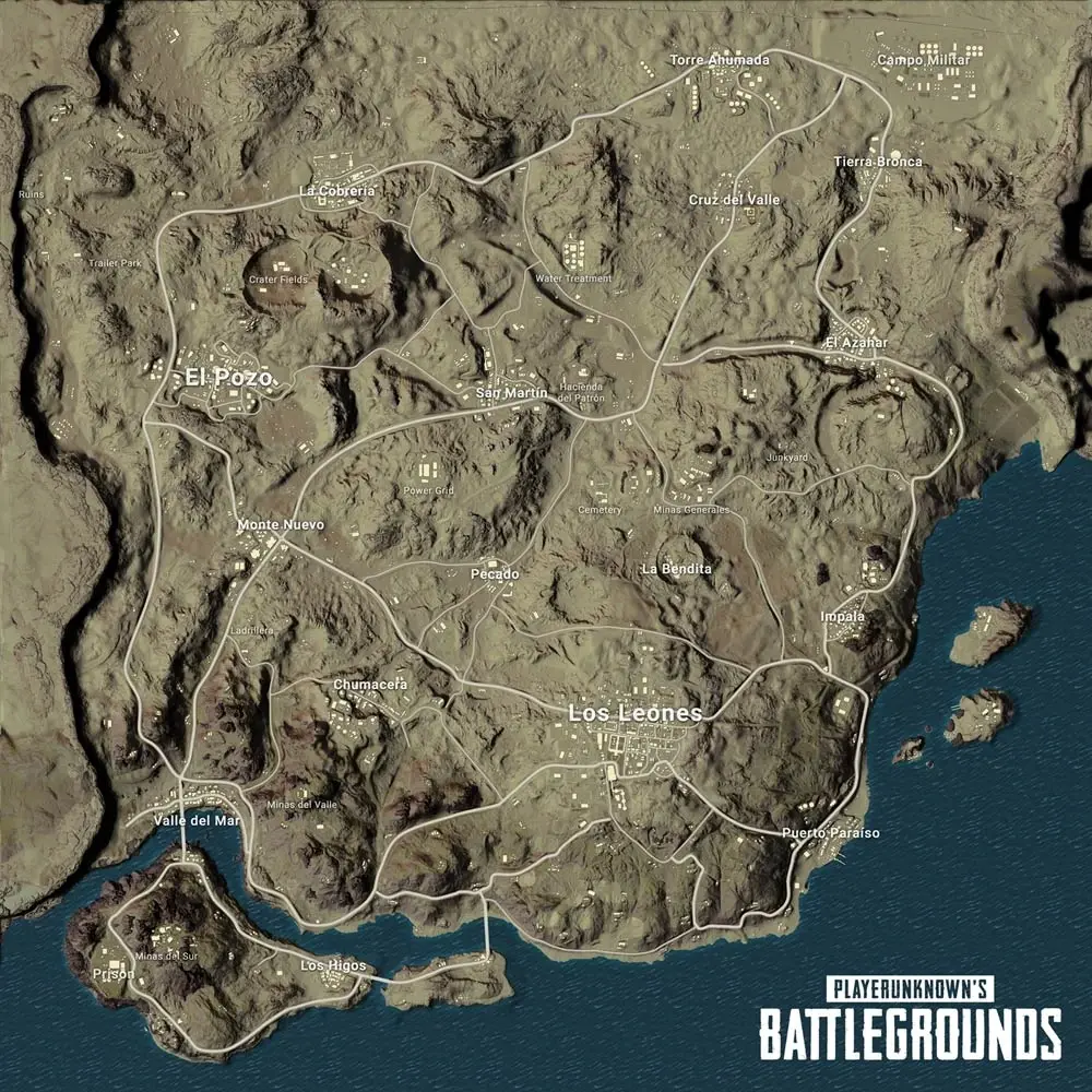 The full Miramar overview map — PUBG's 8x8 desert, a city-centric Mexican landscape cut by canyons and mountains, with named cities and the southeastern prison island labeled.