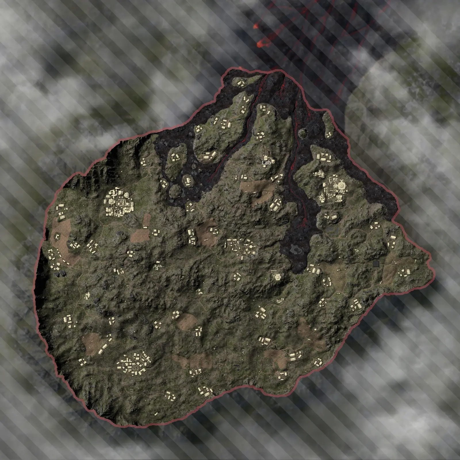 The full Paramo overview map — PUBG's 3x3 South American highland volcano island with lava streams, terraced fields, and scattered villages.