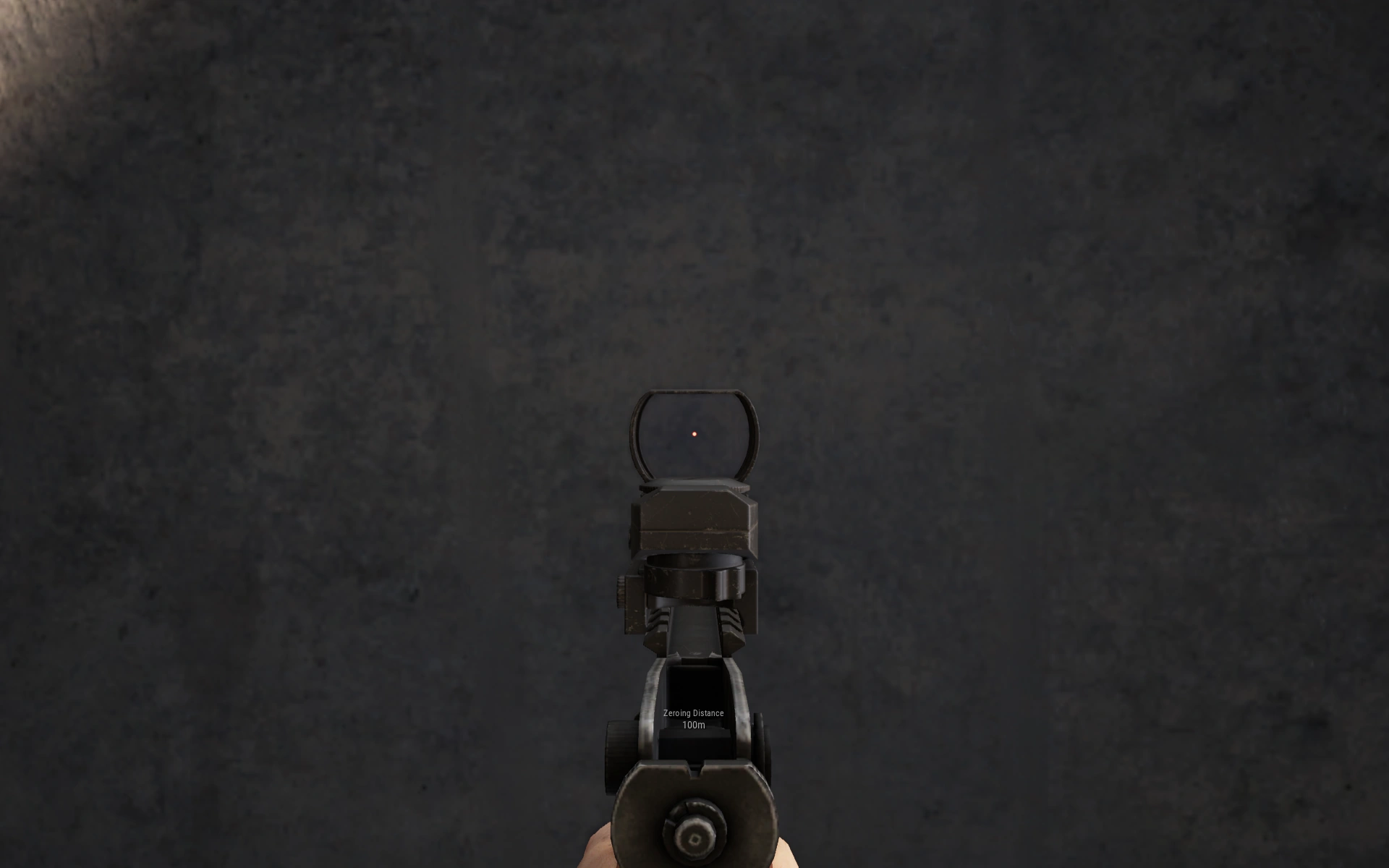 A first-person view down a PUBG red-dot reflex sight with the reticle pre-placed at head height — the crosshair-placement habit that wins the first-shot fight.