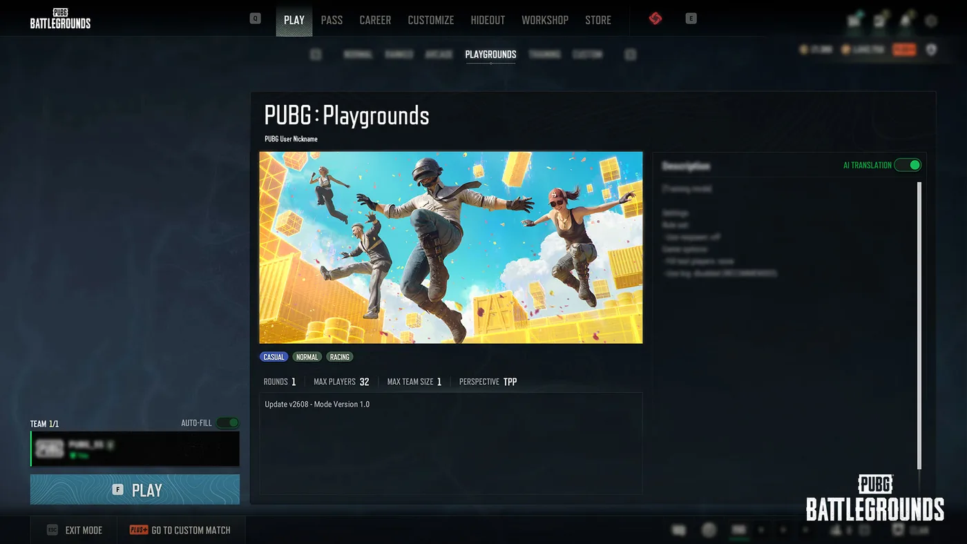 KRAFTON's screenshot of the PUBG: Playgrounds mode details page — the Play-menu tab row reads Normal, Ranked, Arcade, Playgrounds, Training, Custom, with a community mode tagged CASUAL / NORMAL / RACING showing Rounds 1, Max Players 32, Max Team Size 1 and Perspective TPP.
