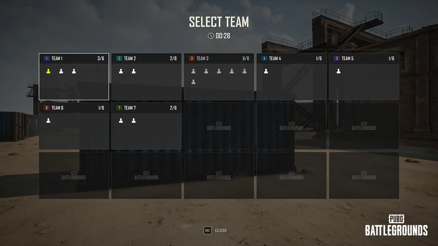 PUBG's Select Team screen from Update 42.3, showing seven team cards with live occupancy counts — Team 1 at 3/6, Team 3 full at 6/6 — and a 28-second countdown above them.