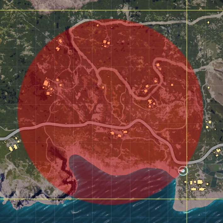 The PUBG map view showing a red zone marked as a red circle overlaid on the terrain — your warning to check whether you are inside it.
