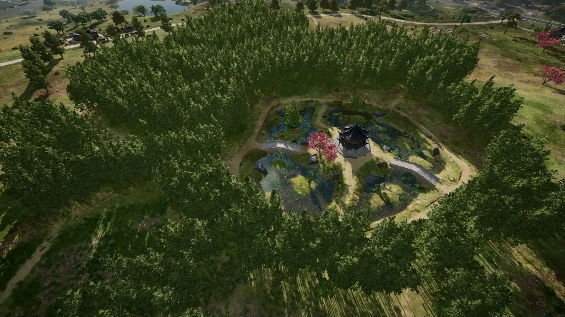 A Rondo bamboo grove from above — a ring of tall bamboo around a small pavilion and lily pond, the map's signature soft-green southwest terrain.