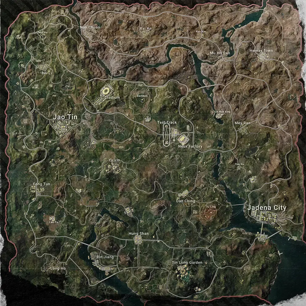 The full Rondo overview map — PUBG’s 8x8 Chinese-themed island, with Jadena City in the southeast, bamboo and lake terrain southwest, and mountain ridges in the northeast.