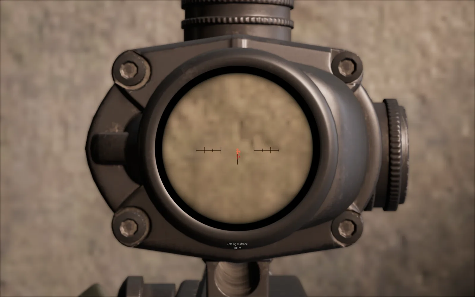 The 4x ACOG scope reticle in PUBG, locked to a fixed 100-meter zero with a built-in rangefinder and holdover chevrons.