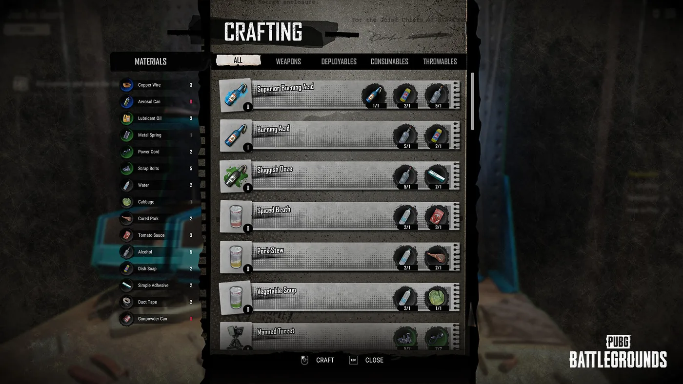 KRAFTON's screenshot of the SLB: Dawnbreakers of Rondo crafting menu: a Materials column on the left listing items such as Copper Wire, Scrap Bolts, Water, Cabbage, Cured Pork, Tomato Sauce and Duct Tape with counts, and recipe rows on the right for Superior Burning Acid, Burning Acid, Sluggish Ooze, Spiced Broth, Pork Stew, Vegetable Soup and a Manned Turret, under tabs for Weapons, Deployables, Consumables and Throwables.