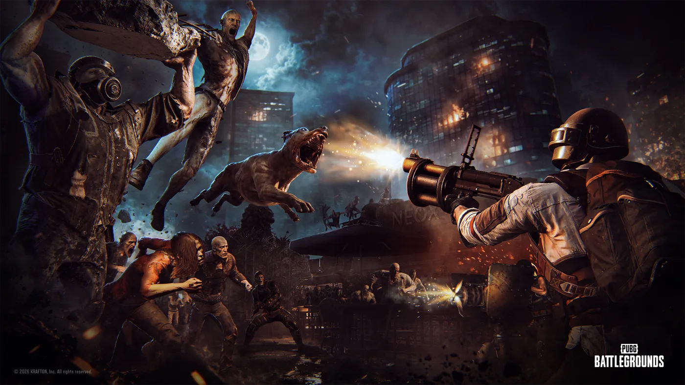 KRAFTON's key art for SLB: Dawnbreakers of Rondo: under a full moon, a helmeted player with a backpack fires a revolving-cylinder grenade launcher at a wave of Hungers, among them a snarling dog in mid-leap, a gas-masked Hunger hoisting a slab of concrete and another leaping overhead, with a burning glass high-rise and a NEOX sign behind them.