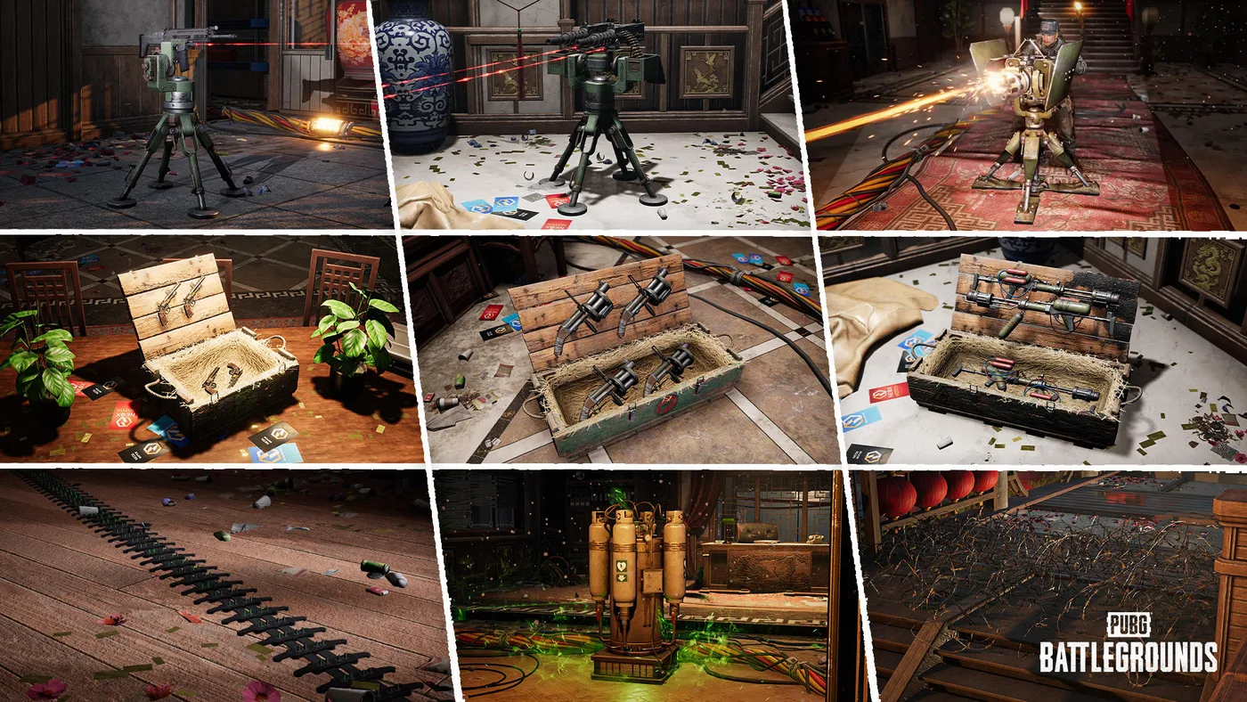 KRAFTON's nine-panel image of the SLB: Dawnbreakers of Rondo deployables: two tripod-mounted turrets firing red laser lines, a player behind a shielded manned turret on a red carpet, open wooden crates holding hand cannons, revolving grenade launchers and flamethrowers, a long strip of spikes on wooden floorboards, a healing station of yellow gas cylinders glowing green, and a tangle of barbed wire across a walkway.