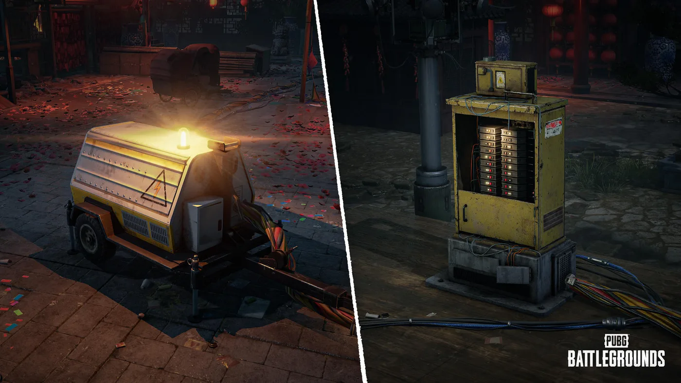 KRAFTON's image from the objectives section of the SLB: Dawnbreakers of Rondo announcement: on the left, a silver-and-yellow trailer generator with a glowing amber beacon and a lightning-bolt warning sign on a paved street scattered with red confetti; on the right, a yellow electrical cabinet standing open to show racks of lit modules, with bundled cables running across the ground.