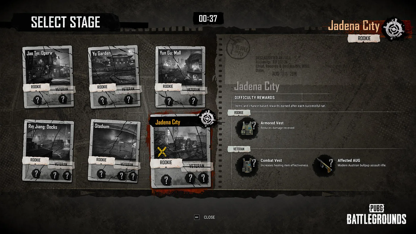 KRAFTON's screenshot of the SLB: Dawnbreakers of Rondo Select Stage screen: six stage cards for Jao Tin: Opera, Yu Garden, Yun Gu: Mall, Rin Jiang: Docks, Stadium and Jadena City, each with Rookie and Veteran slots, a 00:37 countdown at the top, and Jadena City selected on Rookie with a panel listing its difficulty rewards: an Armored Vest for Rookie, and a Combat Vest and an Affected AUG for Veteran.