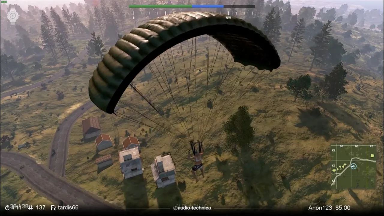 A solo PUBG player parachuting in alone — in solos there is no teammate to revive you, so every decision from the drop onward is survival-first.