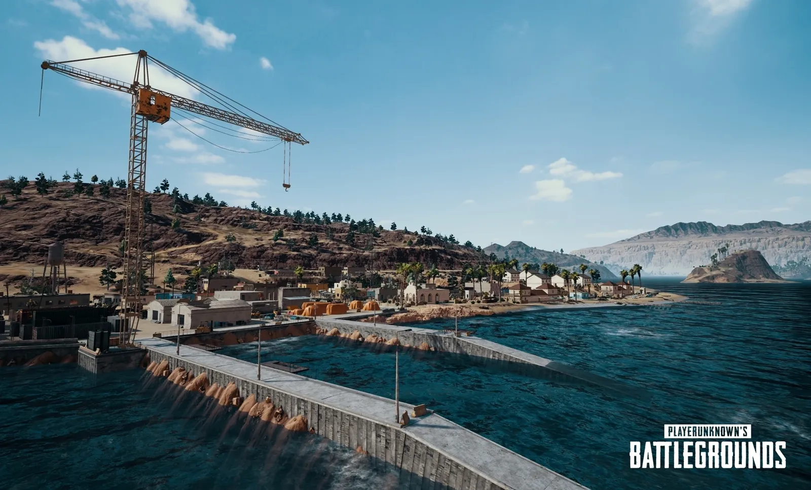 A harbor town on Miramar seen across open water — dozens of windows, a crane, and shoreline rocks, each one a scan box to check in sequence rather than pan across.