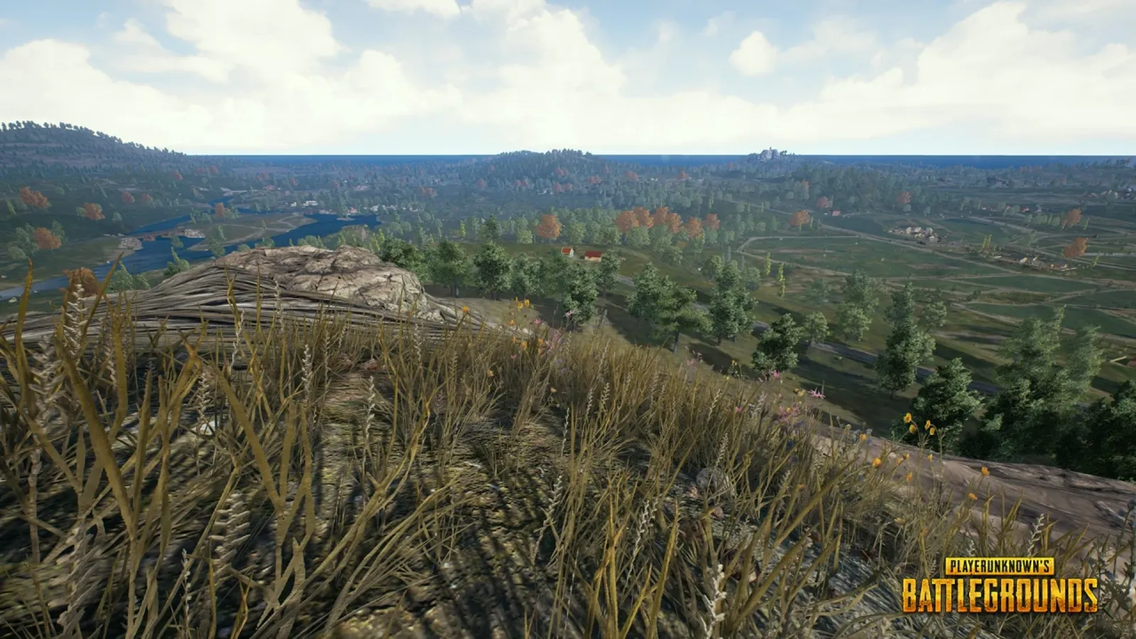 First-person view from a grassy ridgeline on Erangel overlooking a wide valley of fields, treelines, and distant buildings — exactly the kind of vista you grid-scan sector by sector instead of sweeping.