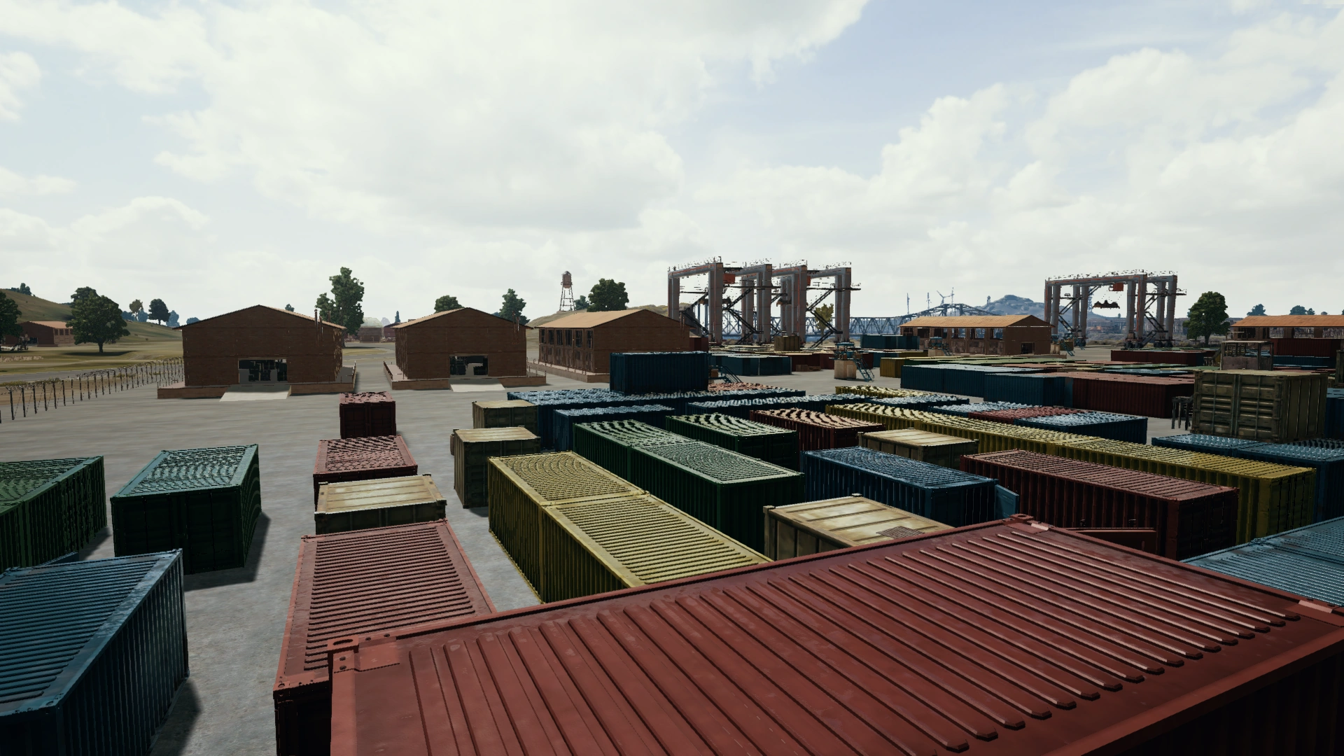 The Georgopol container yard on Erangel, the kind of tight urban compound where squad coordination beats raw aim.