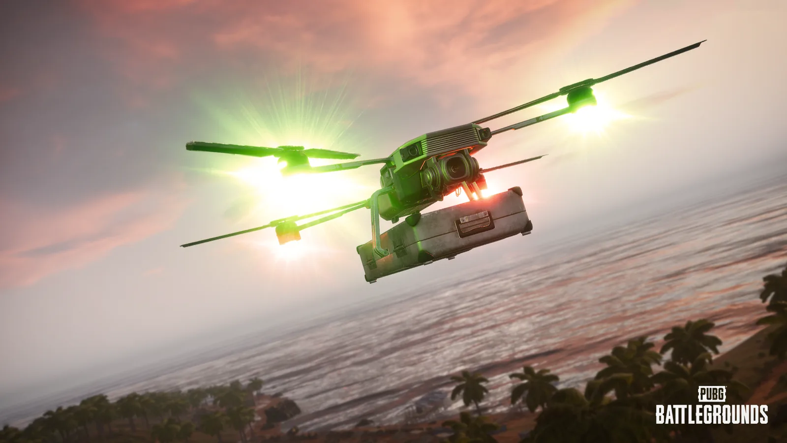 The PUBG Drone tactical gear in flight over a coastline at sunset, carrying a looted item case beneath its camera gimbal.