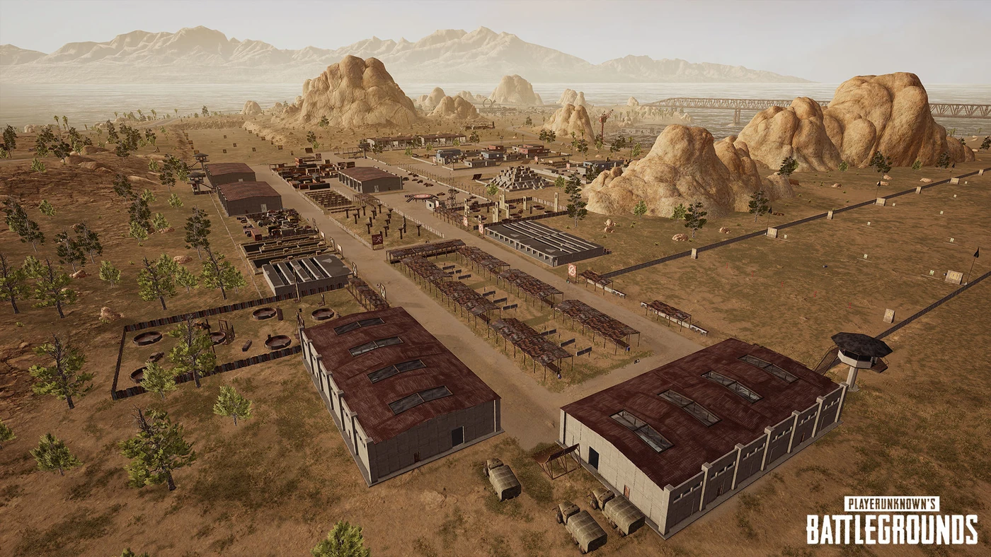 Overview of the Camp Jackal training island in PUBG, showing the range, courses, and vehicle tracks laid out across the map.