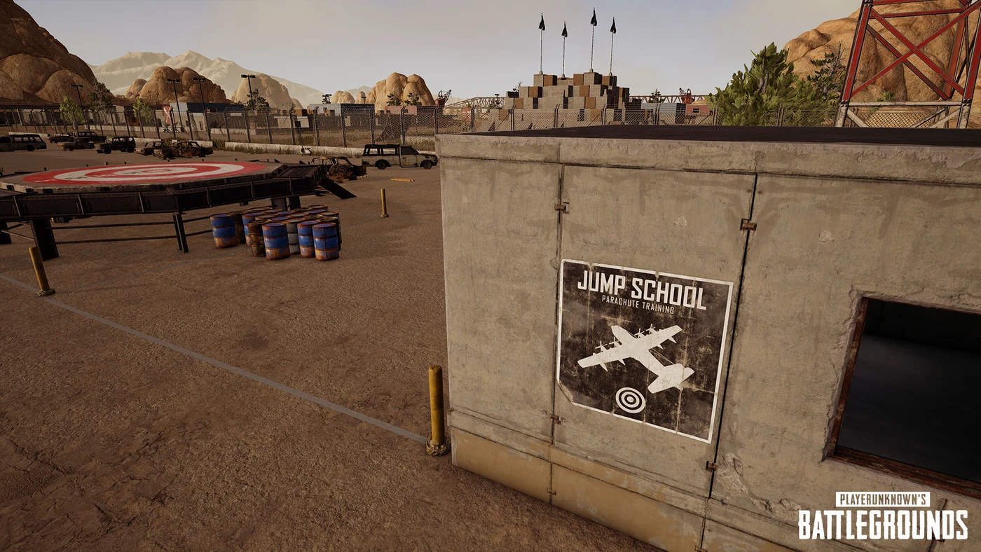 The parachute practice area in PUBG Training Mode, with landing targets scattered below the drop structures.
