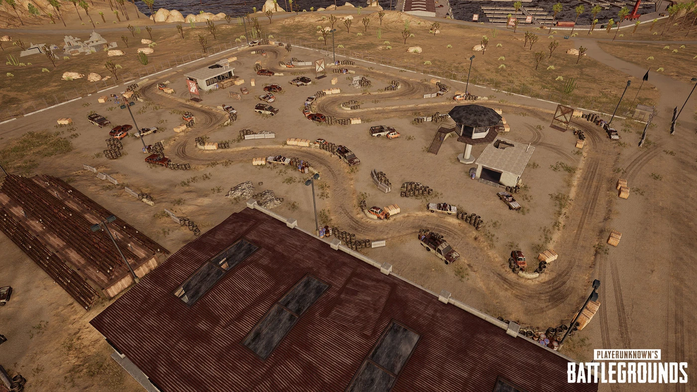 The racetrack on the PUBG training island, used for vehicle handling and cornering practice.