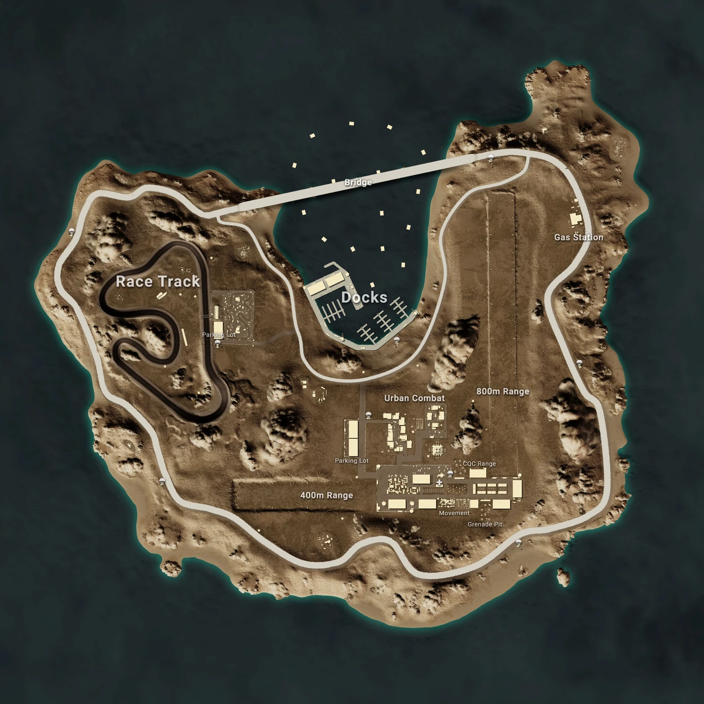 The Camp Jackal training map layout in PUBG, showing the ranges, courses, and vehicle tracks.