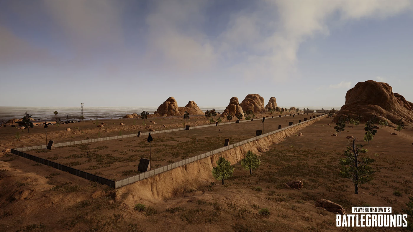The Camp Jackal shooting range in PUBG Training Mode, with target lanes stretching out to the long-distance markers.