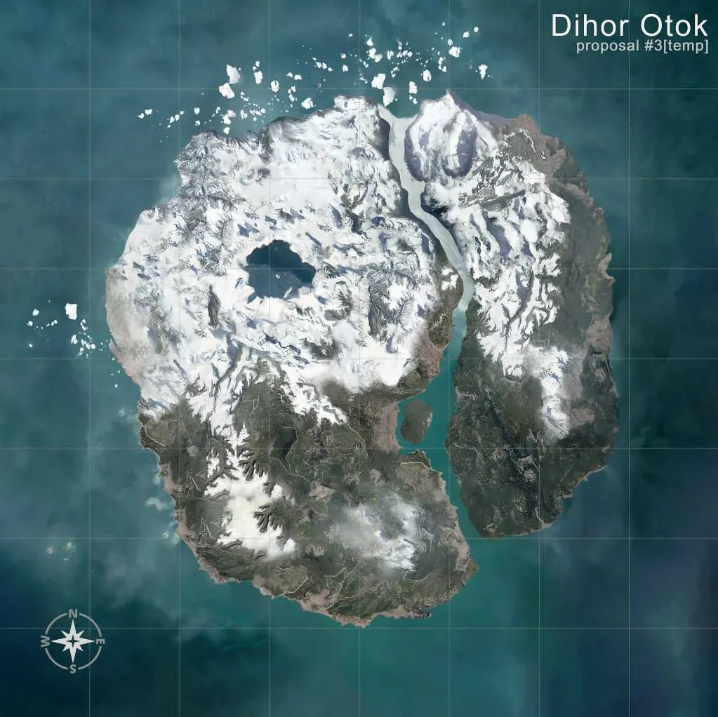 The Vikendi map overview — PUBG’s 6x6 snow island in the shadow of Mount Kreznic, dense forest around the edges and a snowy mountain core.