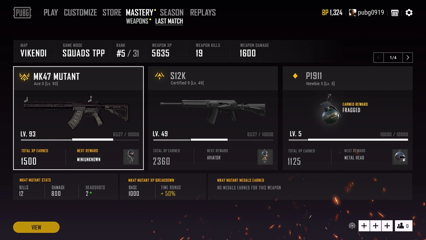 The PUBG Weapon Mastery progression screen, showing per-weapon level progress and tier emblems after a match.