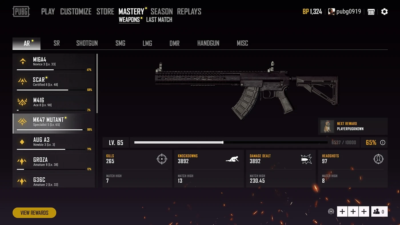 The Weapon Mastery progression screen for the MK47 Mutant in PUBG, showing level progress and weapon stats.