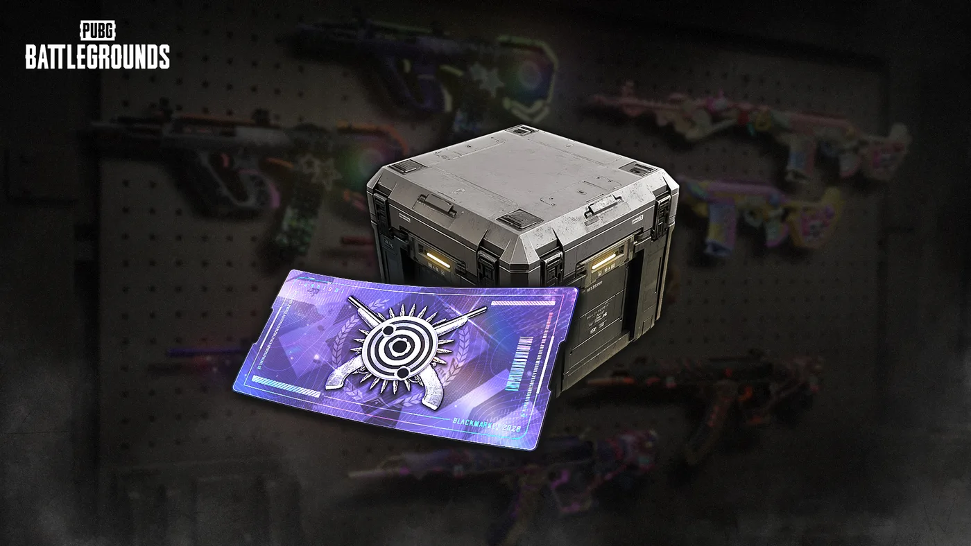 Official PUBG: BATTLEGROUNDS key art for Black Market 2026: a metal Cargo crate beside a purple 'BLACKMARKET 2026' ticket bearing a crossed-pistols emblem, with blurred weapon skins hanging on a pegboard in the background.