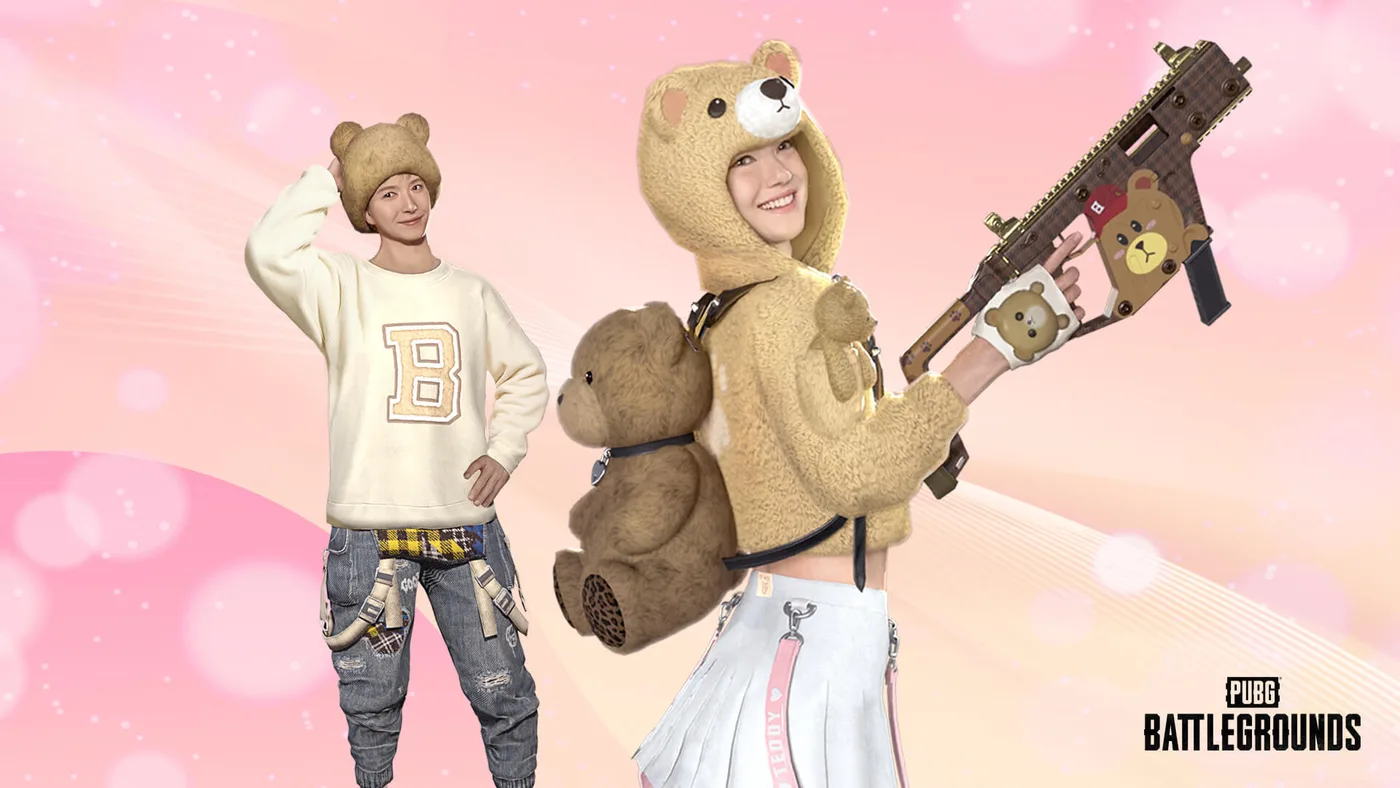 Official PUBG: BATTLEGROUNDS promotional image of a teddy-bear-themed cosmetic set — hoodie, backpack and matching weapon skin — added to the Hunter's Chest and Archivist's Chest in Update 36.1, before the Archivist's Chest was later discontinued.