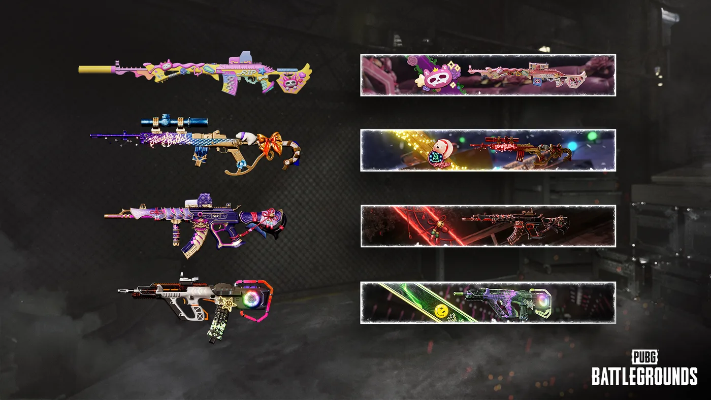 Official PUBG: BATTLEGROUNDS promotional image showing four Progressive weapon skins available through Black Market 2026 Special Crafting, each paired with its matching in-game gun-screen banner.