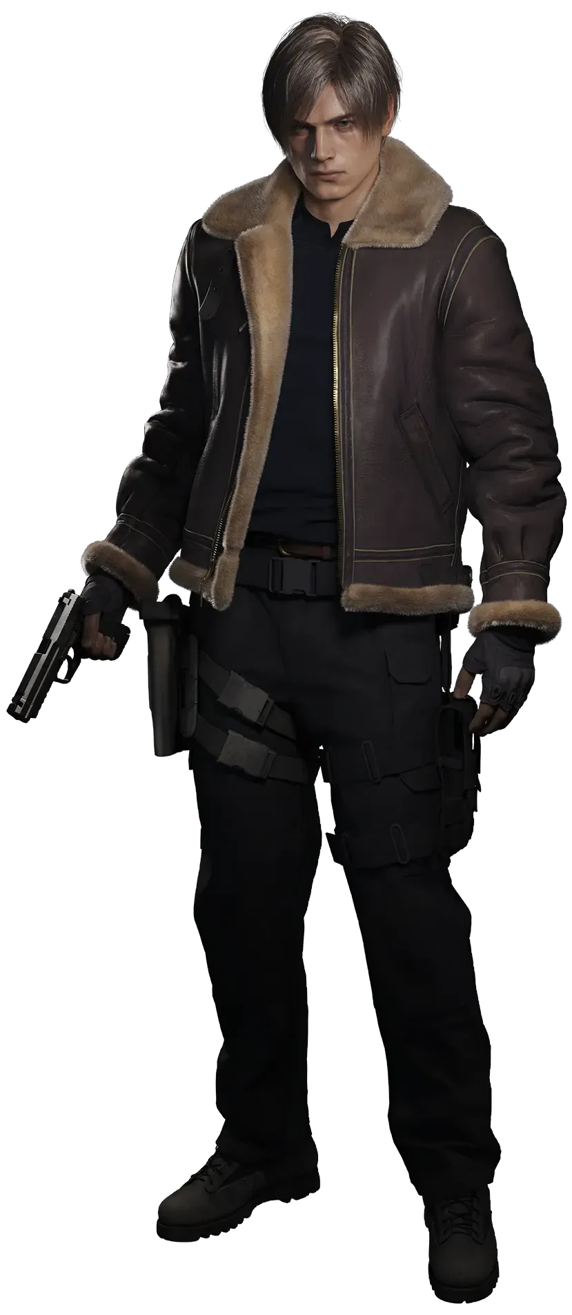 Leon S. Kennedy character render from the Resident Evil 4 remake, wearing his bomber jacket and combat gear.