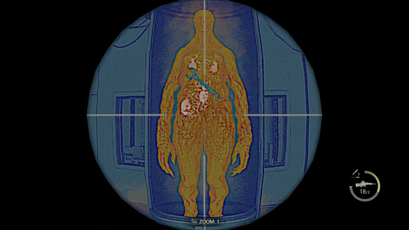 The Biosensor Scope view of a Regenerador in its tank in the Resident Evil 4 remake, the parasites glowing white inside a thermal-orange body.