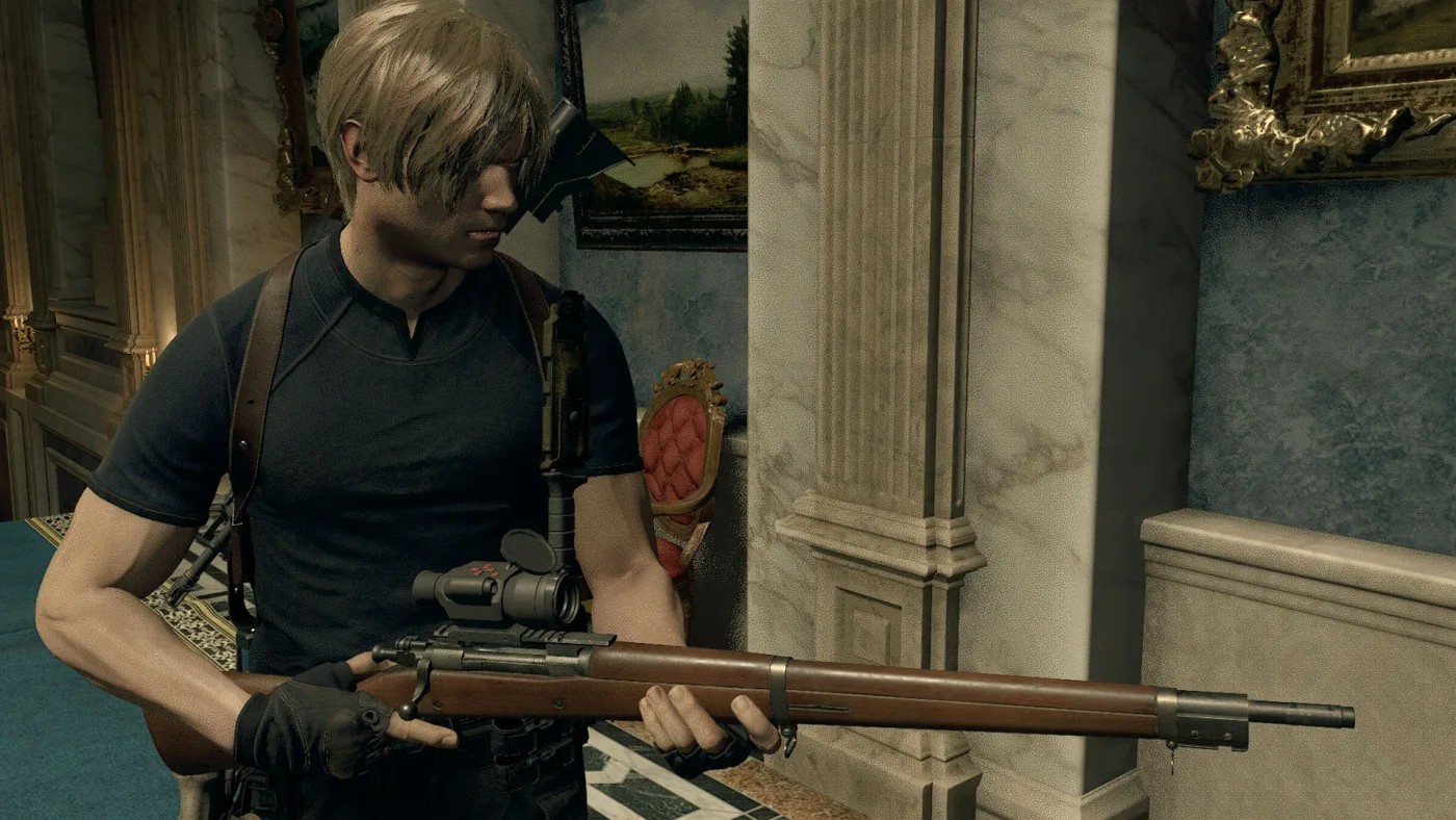 Leon holding the SR M1903 bolt-action rifle fitted with the Biosensor Scope in an ornate interior in the Resident Evil 4 remake.