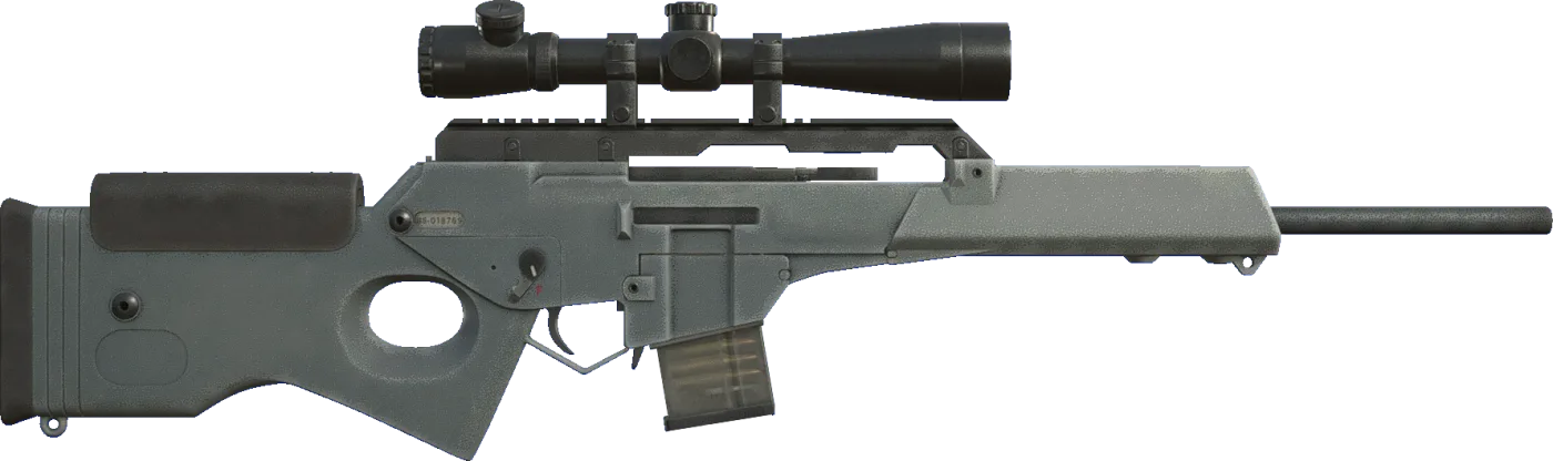 The Stingray semi-automatic rifle item render from the Resident Evil 4 remake, shown with a scope mounted.