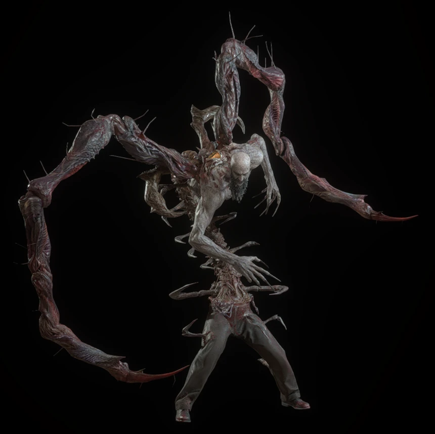 Bitores Mendez in his first mutated form from the Resident Evil 4 remake, the village chief boss with an elongated segmented body.