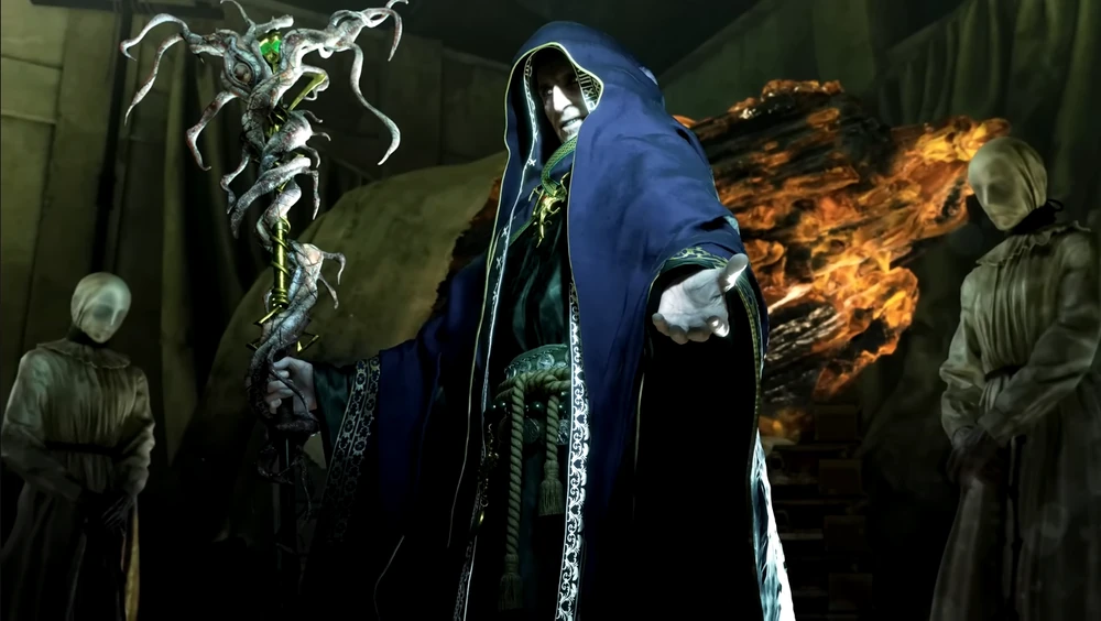 Osmund Saddler in his final mutated boss form from the Resident Evil 4 remake, a massive creature covered in eyes and spider-like legs.