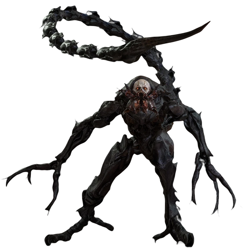 Verdugo, the insect-like right hand of Salazar, character render from the Resident Evil 4 remake.