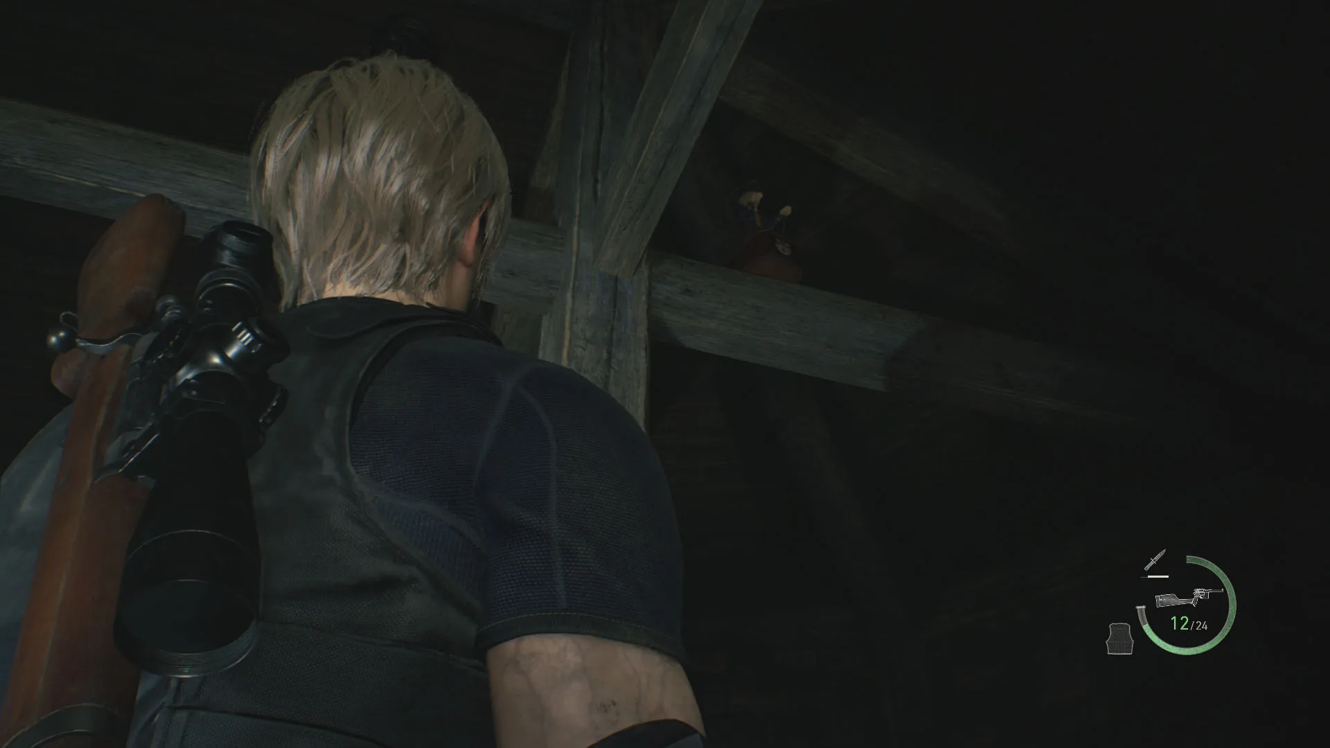 Leon looking up at the Chapter 15 Clockwork Castellan perched high in the dark rafters of the Specimen Storage treasure-chest room.