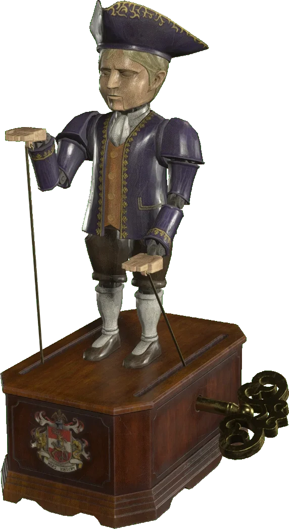 The Clockwork Castellan wind-up doll from the Resident Evil 4 remake — a tricorn-hatted noble figure standing on a wooden music-box base with a golden wind-up key.