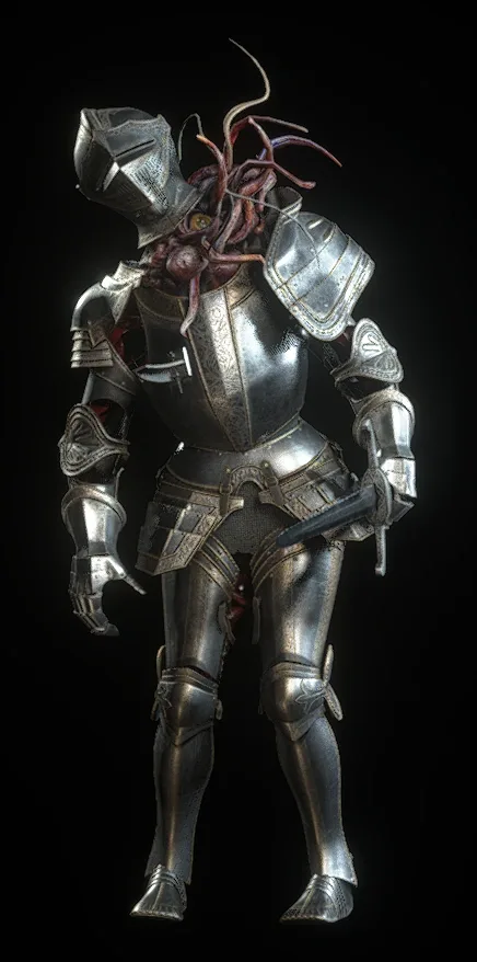 An Armadura from the Resident Evil 4 remake, a Plaga-possessed suit of armor from Salazar Castle holding a sword.